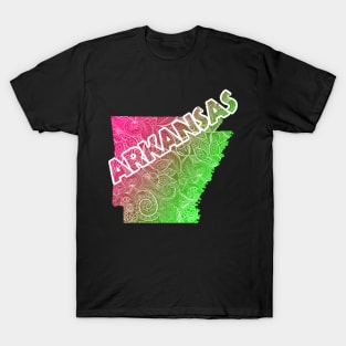 Colorful mandala art map of Arkansas with text in pink and green T-Shirt